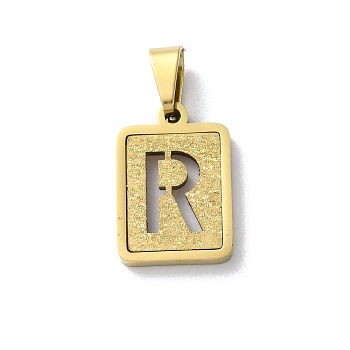 304 Stainless Steel Alphabet Pendants, Real 18K Gold Plated, Rectangle Charm, Letter R, 17.5x12x2mm, Hole: 7.5x3.5mm