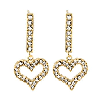 Ion Plating(IP) Stainless Steel Inlay Rhinestone Stud Earrings for Women, Heart, Golden, 30.5x14mm