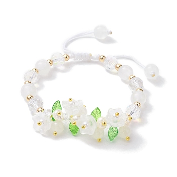 Flower Glass & Acrylic Braided Bead Adjustable Bracelets for Women, WhiteSmoke, Inner Diameter: 2~3 inch(5~7.5cm)