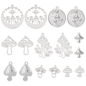 16Pcs 8 Style 201 & 304 Stainless Steel Charms, Mushroom, Stainless Steel Color, 13~34x12~30x1~3mm, Hole: 1.2~1.8mm, 2pcs/style