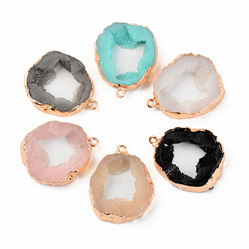 Druzy Resin Pendants, Imitation Geode Druzy Agate Slices, with Edge Light Gold Plated Iron Loops, Flat Round, Mixed Color, 32x26x5.5~6.5mm, Hole: 1.8mm