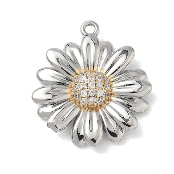 Brass Micro Pave Cubic Zirconia Pendants, Flower Charms, Long-Lasting Plated, Cadmium Free & Lead Free, Platinum & Golden, 23x20x3.5mm, Hole: 1.6mm