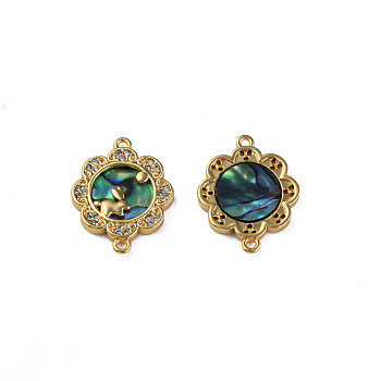 Brass Micro Pave Clear Cubic Zirconia Connector Charms, with Synthetic Abalone Shell/Paua Shell, Nickel Free, Flower, Real 18K Gold Plated, 18.5x14.5x2mm, Hole: 1mm