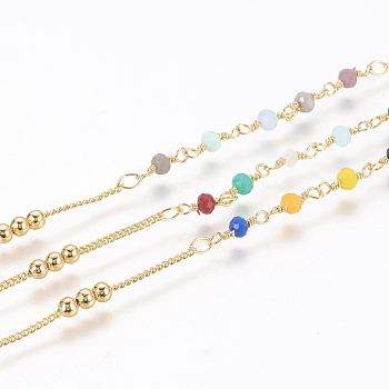 Brass Handmade Beaded Chain, Curb Chains, with Faceted Glass Bead, Long-Lasting Plated, Real 18K Gold Plated, Unwelded, with Spool, Colorful, 10x3mm, 45x2.8mm, about 32.8 Feet(10m)/roll