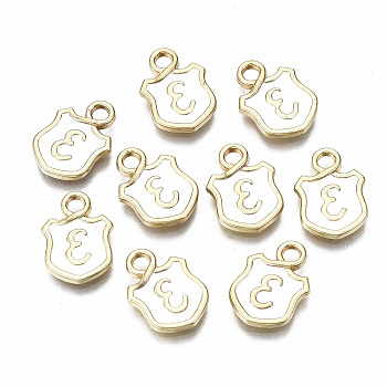 Alloy Enamel Charms, Cadmium Free & Lead Free, Shield with Initial Letters, Light Gold, Letter.E, 14x10x2mm, Hole: 2mm