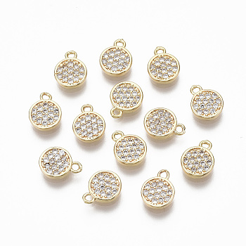 Brass Micro Pave Clear Cubic Zirconia Charms, Nickel Free, Flat Round, Real 18K Gold Plated, 8.5x6.5x1.5mm, Hole: 0.9mm