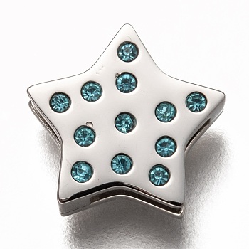 304 Stainless Steel Slide Charms, with Rhinestone, Star, Aquamarine, Stainless Steel Color, 12x12x3.5mm, Hole: 8x1.5mm