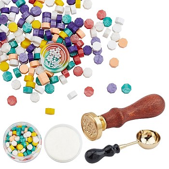 CRASPIRE DIY Stamp Making Kits, Including 3 Colors Sealing Wax Particles, Brass Spoon, Brass Wax Seal Stamp Head, Beech Wood Handle, Mixed Color, Sealing Wax Particles: 180pcs