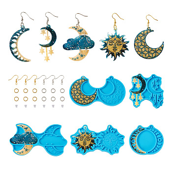 5Pcs 5 Style Sun & Moon & Cloud & Star Pendant Silicone Mold, with Brass Earring Hooks & Jump Rings, Plastic Ear Nut, for Earrings Making, Deep Sky Blue, 50~55x54~96x3.5~4.5mm, Hole: 2~3mm, Inner Diameter: 47~51x25~42mm, 1Pc/style