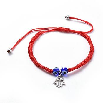 Adjustable Nylon Thread Braided Bead Bracelets, Red String Bracelets, with Handmade Lampwork Evil Eye Beads and 304 Stainless Steel Findings, Hamsa Hand/Hand of Fatima/Hand of Miriam, Red, 1-5/8 inch~3-1/4 inch(4.3~8.3cm), 3mm