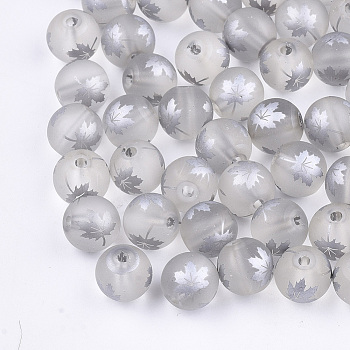 Autumn Theme Electroplate Transparent Glass Beads, Frosted, Round with Maple Leaf Pattern, Silver, 8~8.5mm, Hole: 1.5mm