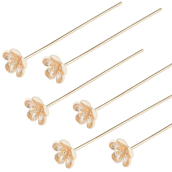 18Pcs Brass Pins, Nickel Free, Flower, Real 18K Gold Plated, 48~51mm, Pin: 0.7mm, 21 Gauge