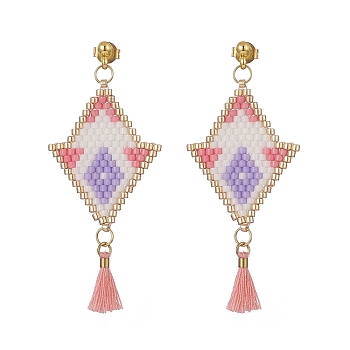 Rhombus Handmade Loom Pattern Glass Seed Dangle Earrings, Polycotton Tassel Stud Earring for Women, Pink, 55mm, Pin: 0.9mm