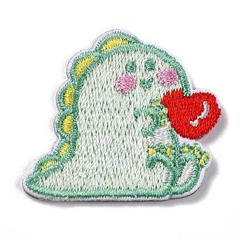 Computerized Embroidery Cloth Self Adhesive Patches, Stick On Patch, Costume Accessories, Appliques, Dinosaur with Heart, Dark Sea Green, 30x33x1.5mm