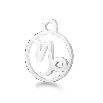 201 Stainless Steel Charms, Flat Round with Constellation, Stainless Steel Color, Capricorn, 13.4x10.8x1mm, Hole: 1.5mm