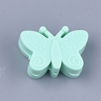 Food Grade Eco-Friendly Silicone Focal Beads, Chewing Beads For Teethers, DIY Nursing Necklaces Making, Butterfly, Aquamarine, 20.5x30x11mm, Hole: 2mm