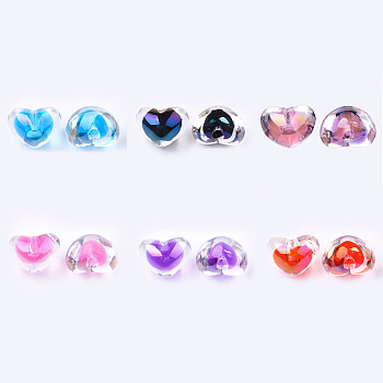 Transparent Acrylic Beads, UV Plating & Rainbow, Bead in Bead, Half Drilled Beads, Heart, Mixed Color, 13.5x18x13.5mm, Half Hole: 3.5mm