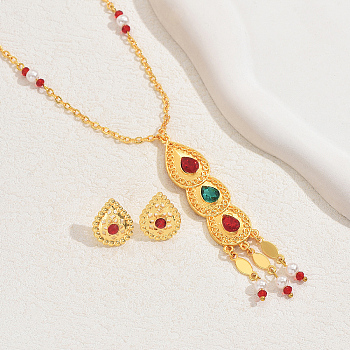 18K Gold Plated Brass Rhinestones Teardrop Pendant Necklace & Stud Earrings Set for Women