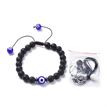 Adjustable Nylon Thread Braided Bead Bracelets, Couple Bracelets For Men, with Lampwork Evil Eye and Natural Black Agate(Dyed), Non-Magnetic Synthetic Hematite Beads, PVC Tubular Rubber Cord, 2-1/4 inch~3-3/8 inch(5.6~8.6cm)