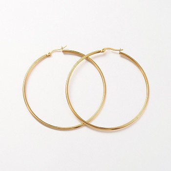 Ion Plating(IP) 304 Stainless Steel Hoop Earrings, Hypoallergenic Earrings, Ring Shape, Real 18K Gold Plated, 65x2mm, 12 Gauge, Pin: 1x0.7mm
