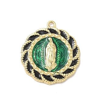 304 Stainless Steel Enamel Pendants, Flat Round with Virgin Mary Pattern Charms, Vacuum Plating, Real 18K Gold Plated, Green, 25.5x22.5x3mm, Hole: 1.6mm