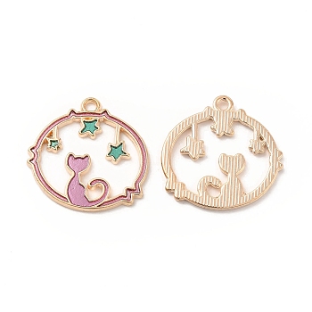 Alloy Enamel Pendants, Flat Round with Cat & Star Charm, Golden, Pale Violet Red, 23.5x23.5x1.5mm, Hole: 1.5mm
