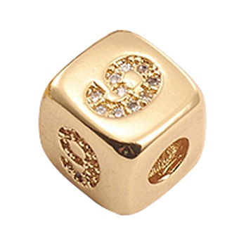 Brass Micro Pave Cubic Zirconia Beads, Cube with Number, Clear, Golden, Num.9, 8.5x8.5x8.5mm, Hole: 3.5mm