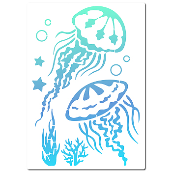 PET Plastic Hollow Out Drawing Painting Stencils Templates, Rectangle, Jellyfish Pattern, 210x297mm