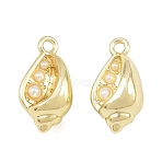 Alloy Charms, with ABS Plastic Imitation Pearl, Conch Shell Shape Charms, Long-Lasting Plated, Rack Plating, White, Golden, 15x8.5x7mm, Hole: 1.4mm(AL-CBA1FD3-27G-01)