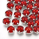 Sew on Rhinestone, Multi-strand Links, Glass Rhinestone, with Brass Prong Settings, Garments Accessories, Faceted, Flat Round, Platinum, Red, 19x8mm, Hole: 1.2mm(RGLA-T038-18mm-05)