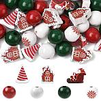 50Pcs 7 Styles Christmas Painted Wood Beads Set, Mixed Color, 15.5~22x15~16x8~16mm, Hole: 3~5mm(WOOD-FS0002-44)