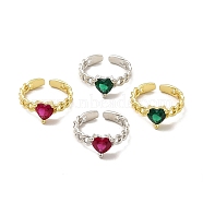 Cubic Zirconia Heart Open Cuff Ring, Rack Plating Brass Jewelry for Women, Lead Free & Cadmium Free, Mixed Color, US Size 7 1/4, Inner Diameter: 17.5mm, 3~8.5mm, Heart: 8.5x8mm(RJEW-C050-01)