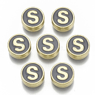 Alloy Enamel Beads, Cadmium Free & Nickel Free & Lead Free, Flat Round with Initial Letters, Light Gold, Letter.S, 8x4mm, Hole: 1.5mm(X-ENAM-S122-028S-NR)