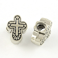 Tibetan Style Alloy European Beads, Cross, Large Hole Beads, Cadmium Free & Lead Free, Antique Silver, 14.5x10.5x7mm, Hole: 4.5mm, about 374pcs/1000g(TIBE-Q050-127AS-LF)