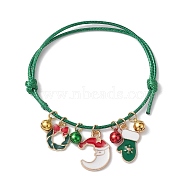 Christmas Wreath & Moon & Glove Alloy Enamel Charm Bracelets, Adjustable Waxed Polyester Cord Braided Bracelets, Sea Green, Inner Diameter: 2~3-5/8 inch(5.2~9.2cm)(BJEW-JB10836-02)