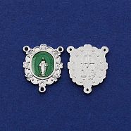 Platinum Alloy Enamel Chandelier Components Links, 3 Loop Connectors, for Rosary Bead Necklace Making, Oval with Word & Lady of Guadalupe, Lime Green, 22.5x18.5x2mm, Hole: 1mm(FIND-TAC0002-022A)