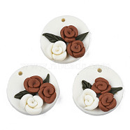 Handmade Polymer Clay Pendants, Flat Round with Rose Flower, White, 23x6.5~7.5mm, Hole: 1.8mm(CLAY-N010-059)