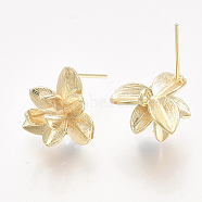 Brass Stud Earring Findings, with Loop, Real 18K Gold Plated, Nickel Free, Flower, 13.5x15mm, Hole: 1.4mm, Pin: 0.8mm(X-KK-T038-584G-NF)