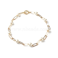 Glass Pearl Beaded Necklaces, with Iron Paperclip Chains, Golden, White, 16.30 inch(41.4cm)(NJEW-TA00005)