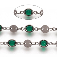 3.28 Feet Handmade Flat Round Glass Beaded Chains, with Brass Links, Long-Lasting Plated, Soldered, Green, Gunmetal, 13x7x3mm(X-CHC-G008-04B-01)
