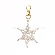 Handmade Loom Pattern Seed Beaded Pendant Decorations, with Glass Pearl Round Beads and Alloy Swivel Lobster Claw Clasps, Star, White, 100mm(HJEW-MZ00005-02)