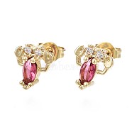 Brass Micro Pave Cubic Zirconia Stud Earrings, with Ear Nuts, Lobster, Cadmium Free & Nickel Free & Lead Free, Real 16K Gold Plated, Camellia, 9x8.5mm, Pin: 0.7mm(EJEW-S210-009-NR)