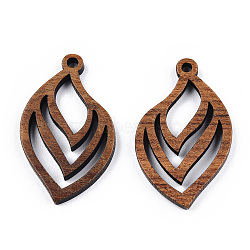 Natural Walnut Wood Pendants, Undyed, Hollow Leaf Charm, Camel, 30.5x18x2.5mm, Hole: 1.8mm(X-WOOD-T023-17)