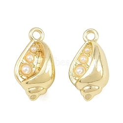 Alloy Charms, with ABS Plastic Imitation Pearl, Conch Shell Shape Charms, Long-Lasting Plated, Rack Plating, White, Golden, 15x8.5x7mm, Hole: 1.4mm(AL-CBA1FD3-27G-01)