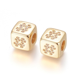 Brass Micro Pave Cubic Zirconia European Beads, Large Hole Beads, Long-Lasting Plated, Cube with Sign Pattern, Clear, Golden, 9x9x9.5mm, Hole: 4.5mm(ZIRC-G162-14G-04)
