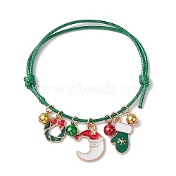 Christmas Wreath & Moon & Glove Alloy Enamel Charm Bracelets, Adjustable Waxed Polyester Cord Braided Bracelets, Sea Green, Inner Diameter: 2~3-5/8 inch(5.2~9.2cm)(BJEW-JB10836-02)