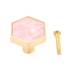 Hexagon with Marble Pattern Brass Box Handles & Knobs, with Resin Cabochons and Iron Screws, Matte Gold Color, Pink, 29.5x34x24.5mm, Hole: 3.5mm(DIY-P054-C03)