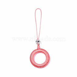 Polyester Tassel Woven Big Pendant Decorations, with Alloy Enamel Findings and Plastic Beads, Antique Silver, Light Coral, 110~115mm(FIND-N052-001L)