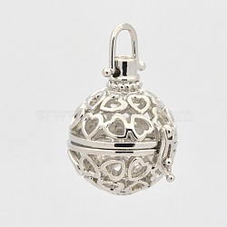 Filigree Heart Round Brass Cage Pendants, For Chime Ball Pendant Necklaces Making, Platinum, 36mm, 30x28x22mm, Hole: 6x6mm, 19mm inner diameter(KK-D389-07P-A)