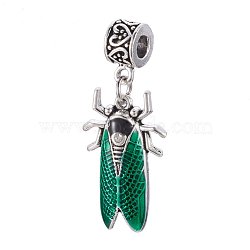 Alloy European Dangle Charms, with Rhinestone and Enamel, Large Hole Pendants, Insect, Antique Silver, Green, 46.5mm, Hole: 5mm(MPDL-L021-001AS)